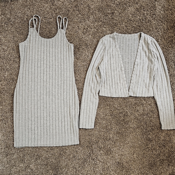 Dresses & Skirts - Gray Ribbed Knit Dress and Cardigan Set